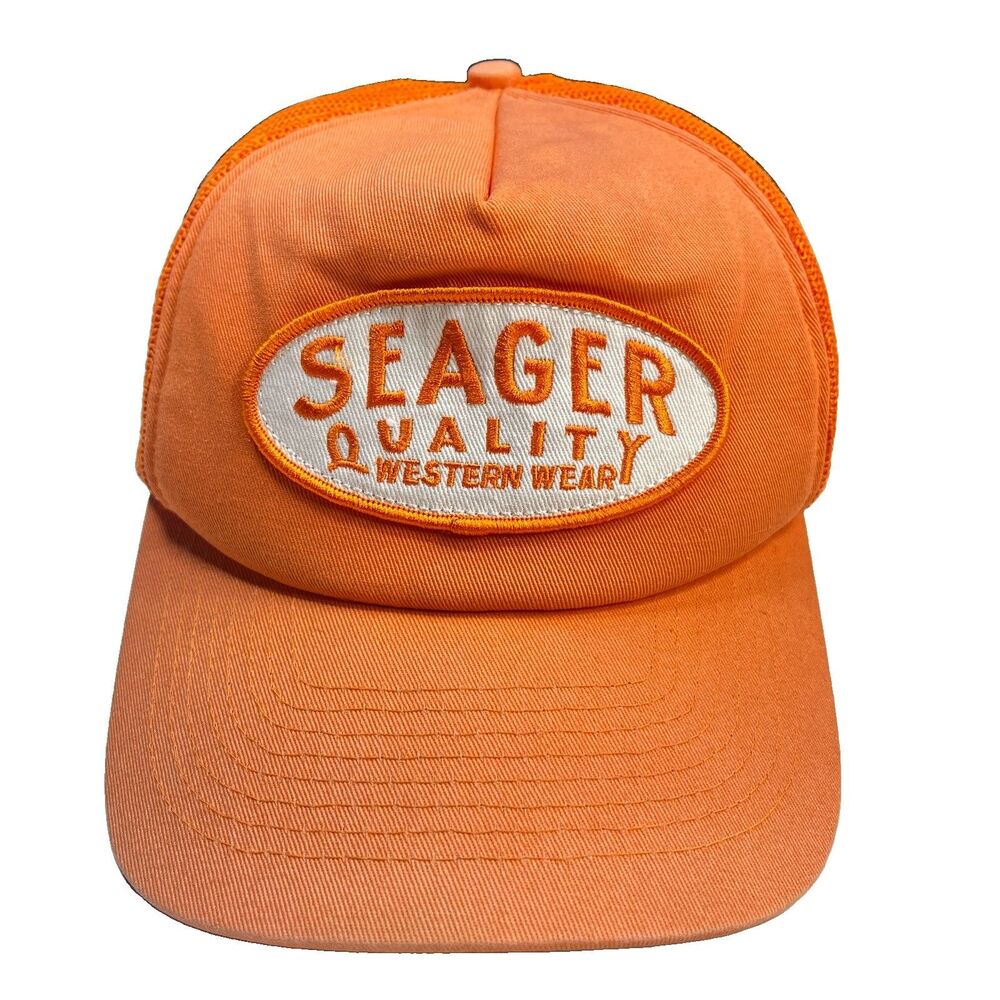Seager Co Quality Western Wear Snapback Trucker Hat Cap Orange Mesh Patch OSFA